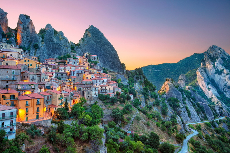 mountains, home, morning, Castelmezzano, dawn, slope, 1080P, Basilicata, building, Italy, road