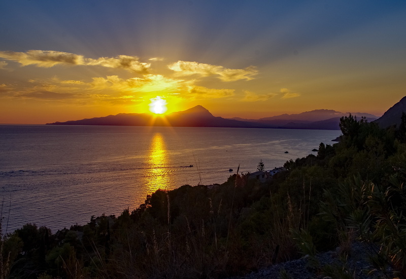romantic sky, orange color, sunlight, basilicata, beauty in nature, mist, sun, tranquility, sunset, horizon over water, maratea, scenics - nature, italy