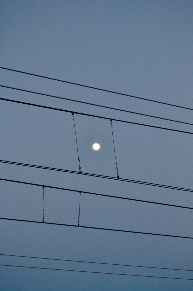 parallelism, full moon, dusk, cable, lines, line, geometria, bluesky, nature, moon, minimal, space, electricity, lighting equipment, simple, power line