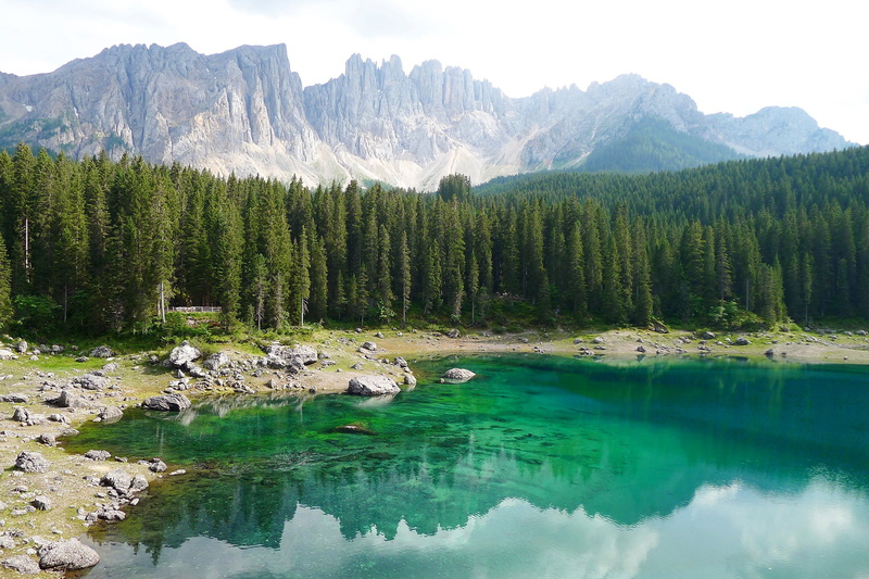 lake, 1080P, mountains, shore, rocks, forest, Carezza, Italy, stones, Karersee, trees, The Dolomites, South Tyrol