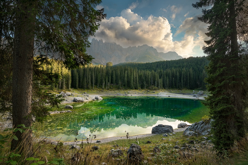 trees, mountains, Italy, nature, Karersee, The Dolomites, lake, Carezza, landscape, 2K, forest
