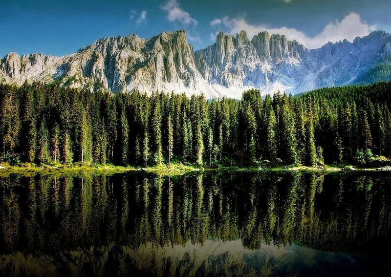 mirroring, rest, south tyrol, beauty in nature, trees, Dolomites, plant, green color, mountain landscape, reflection, scenics - nature, pine, scenics, recreation area
