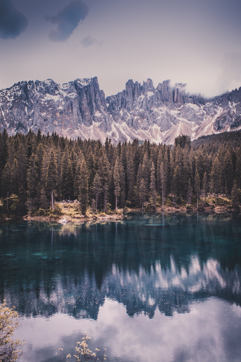 conifer, sky, scenics - nature, waterfront, south tyrol, tranquil scene, reflection, winter, dolomites, dawn, evergreen, scenery, trees, italy, idyllic