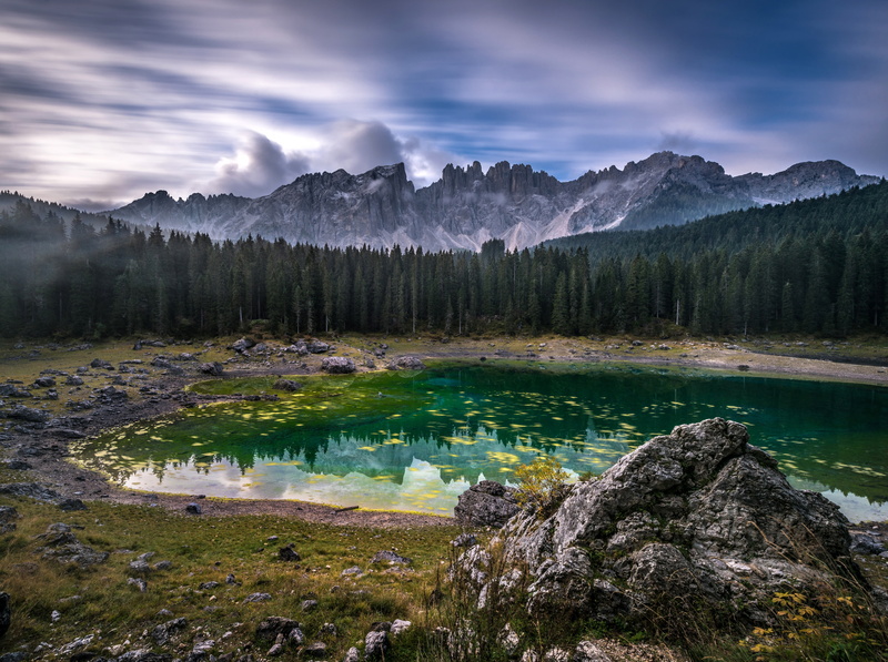 forest, Lake, pine woodland, RainbowLake, pine tree, tyrol, environment, tranquility, catinaccio, sky, no people, Valley, Landscape, Mist, Tour, Mountains