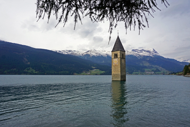 no people, history, plant, lake, landscape, reflection, south tyrol, travel destinations, campanile, travel, sky, 4K, cloud - sky, nature, lake resia