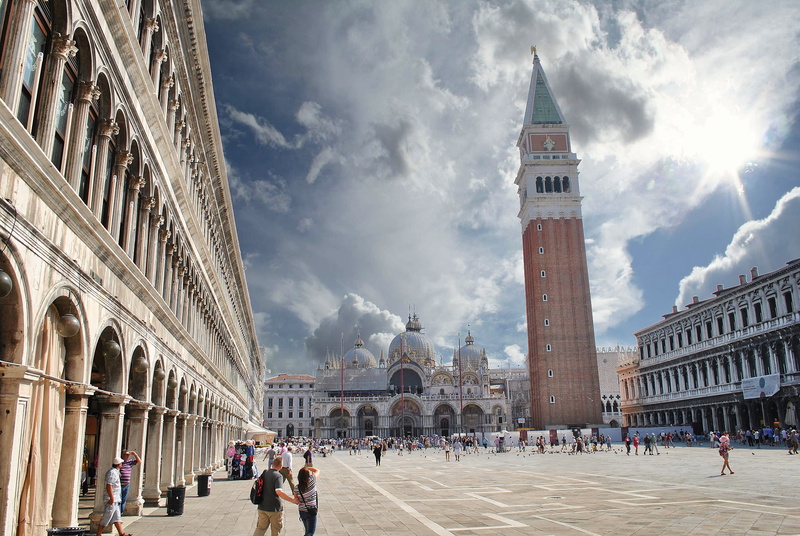 4K, sky, summer, tower, clock, people, mask, italy, architecture, street, channel, city, bell tower - tower, basilica, building exterior, the past, ducal