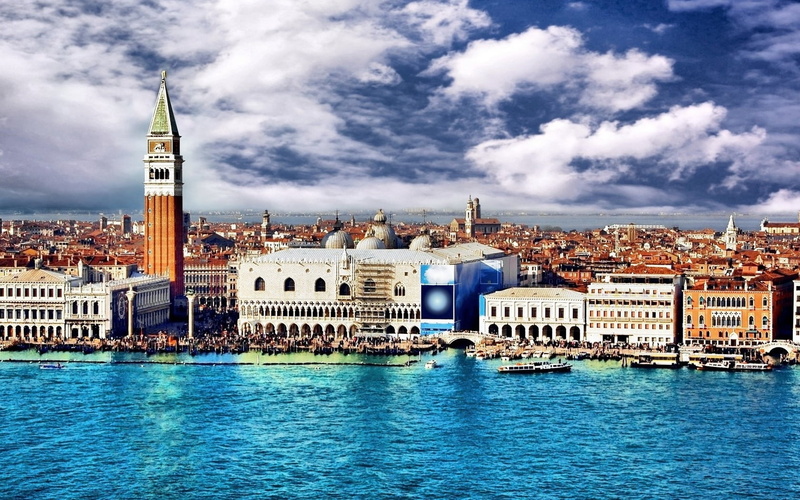 blue, built Structure, concrete, sea, travel, famous Place, cityscape, city, harbor, canal, venice - Italy, europe, day, panoramic, bell Tower - Tower
