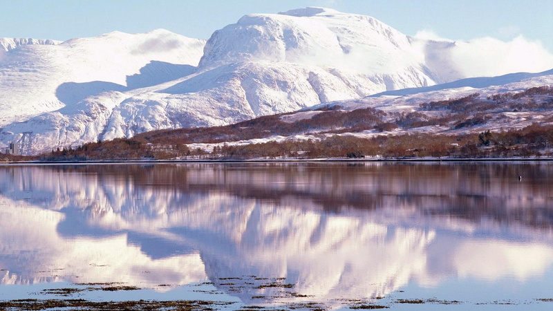 lake, reflection, 1080P, nature and landscapes, tallest, scotl, mountain, ben, snow, nevis