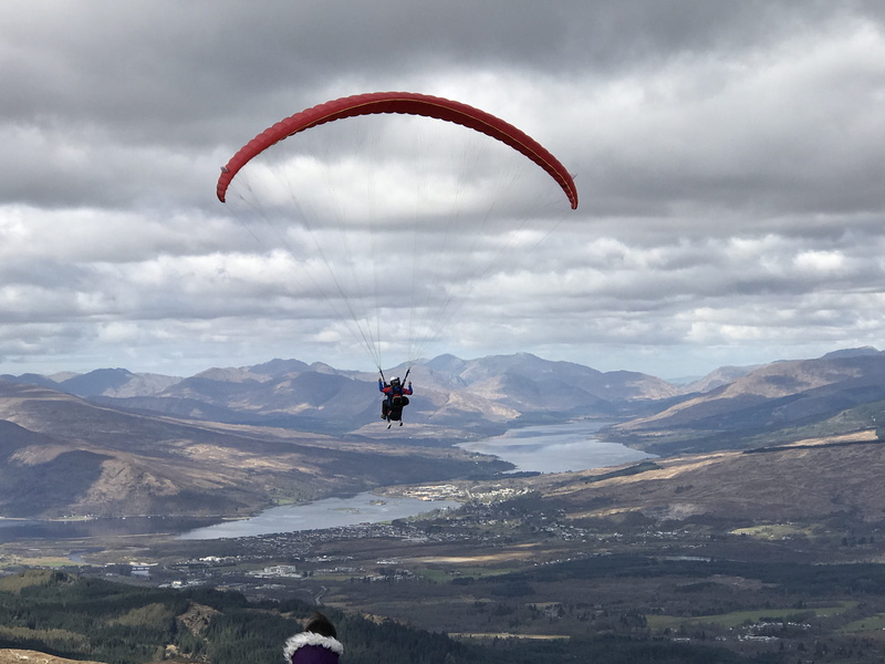 mid-air, outdoors, extreme sports, mountain range, parachute, freedom, beauty in nature, ben nevis, 4K, cloud - sky, sky, fort william, sport, day, lifestyles