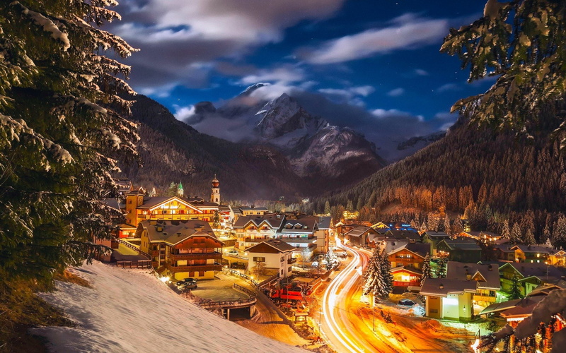 Italy, Building, Light, Snow, Night, Man Made, Canazei, Winter, Resort, 1080P