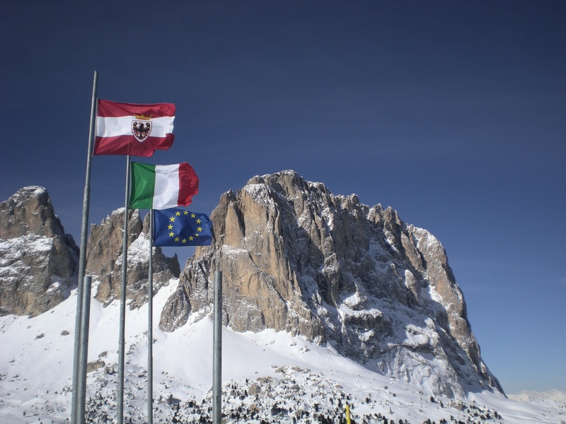 south tyrol, winter, outdoors, snow, day, independence, italy, europe, snowcapped mountain, mountain peak, flags, patriotism, dolomites, pole, sky, alpine