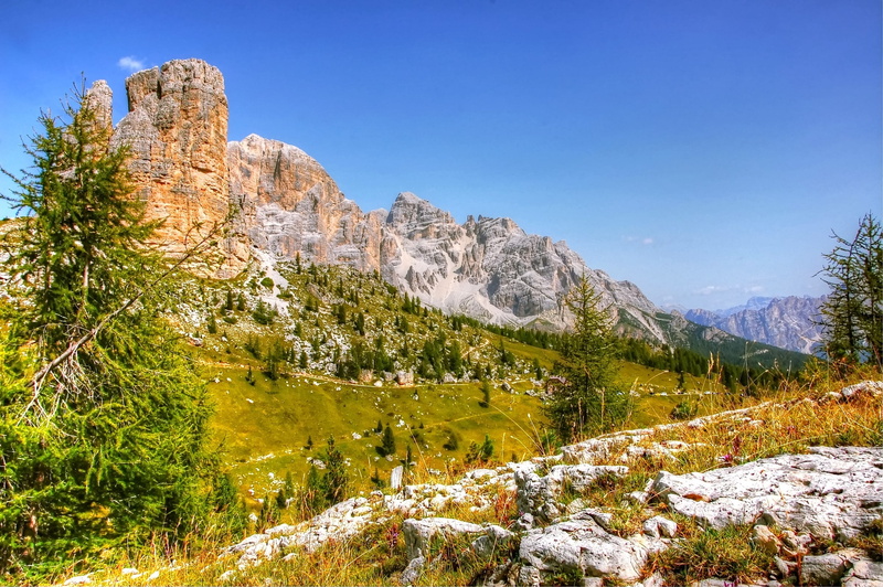 mountain pass, non-urban scene, meadow, valley, formation, alpine panorama, giaupass, sun, rock, sky, blue, viewpoint, no people, 2K, tofane, travel, unesco world heritage