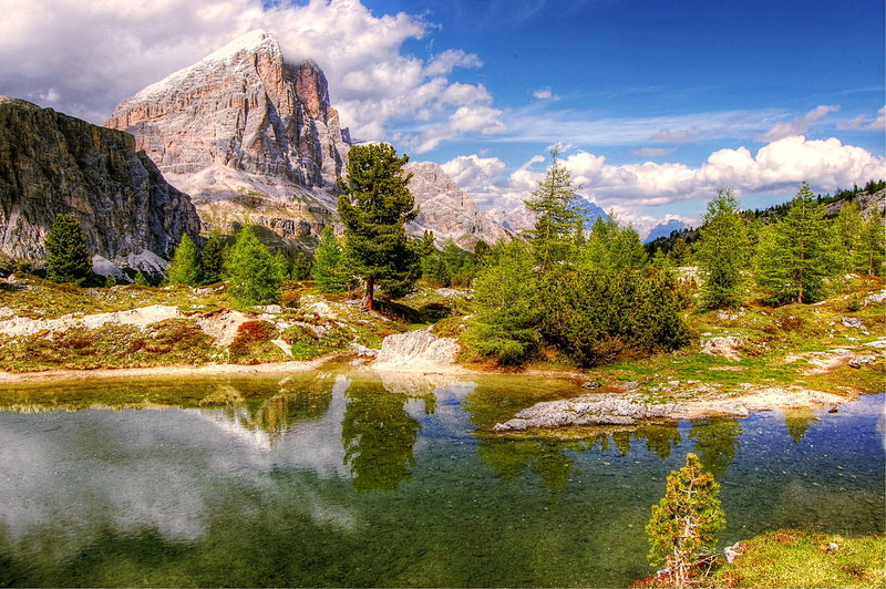 lake, scenics - nature, body, away, nature, hiking, near, belluno, mountains, mountain range, summer, coniferous tree, hike, pine tree, tofana, unesco world heritage