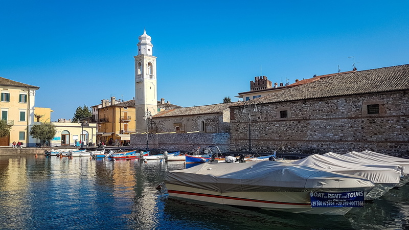 rowboat, transportation, outdoors, building, view, italy, sky, garda, lombardy, port, canal, lazise, elegance, italian, tower, decor, water, nature, architecture