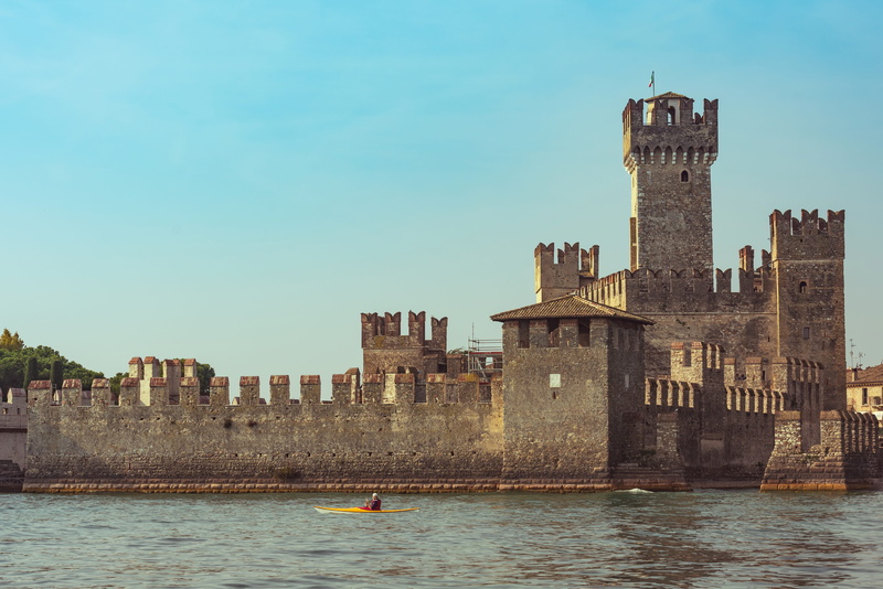 nature, mode of transportation, travel, sky, the past, outdoors, lake garda, architecture, history, building exterior, waterfront, sirmione, canal, travel destinations