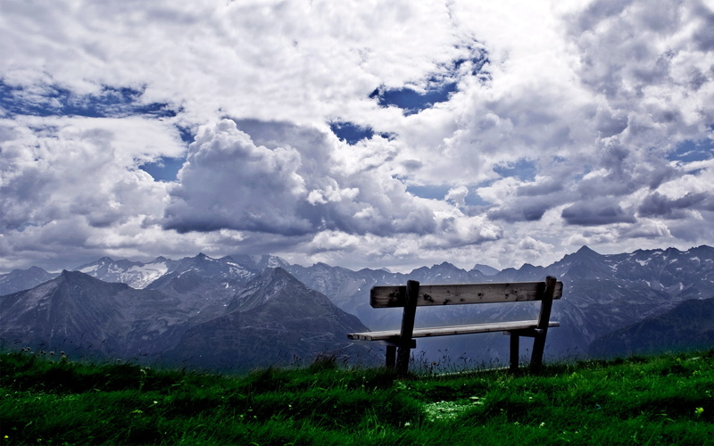 bench, landscape, outdoor, brown, break, background, 1080P, place, mountans, short, trees, wooden