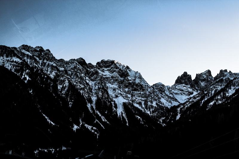 dolomites, mountain range, italy, scenics - nature, trees, clear sky, non-urban scene, sky, formation, tree, winter, mountain, tranquil scene, snow, 5K