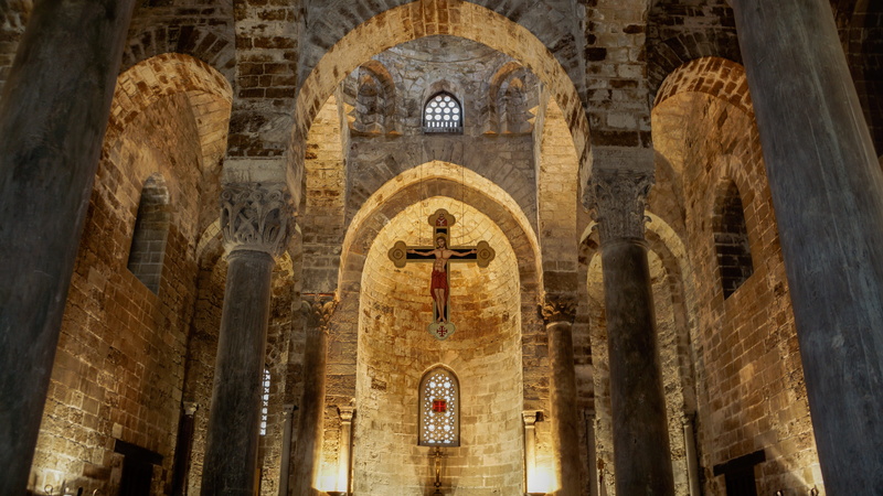 christian, belief, chiesa di san cataldo, 5K, building, low angle view, travel destinations, arabic, christianity, italy, outdoors, cross, the past, altar