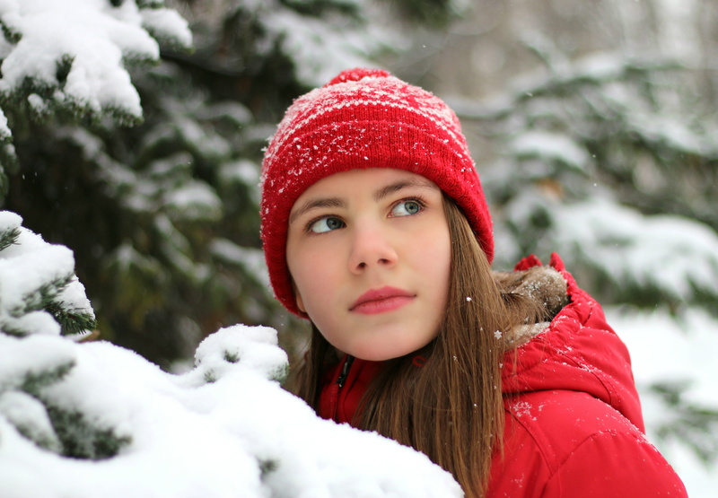 jacket, cold, outdoors, nature, hooded, scarf, wearing, winter, knit hat, clothing, teenager, christmas tree, women, lifestyles, beautiful woman, looking at camera