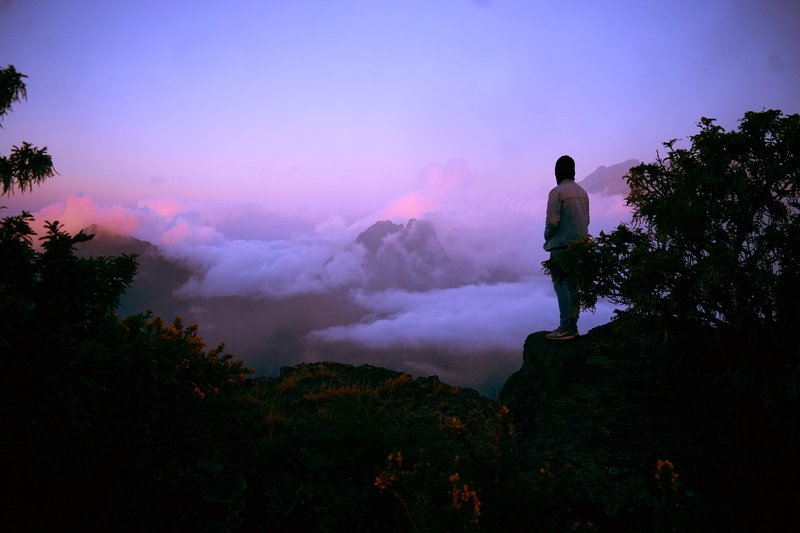 nature, silhouette, awesome, sky, pink, trees, guy, tranquility, cloudscape, outdoors, montain, looking at view, plant, standing, one person, volcano, non-urban scene