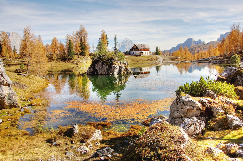 2K, building exterior, built structure, rifugio palmieri, clouds, flowing water, alm, change, architecture, rock, alpine, solid, bergsee, reflection, mountains