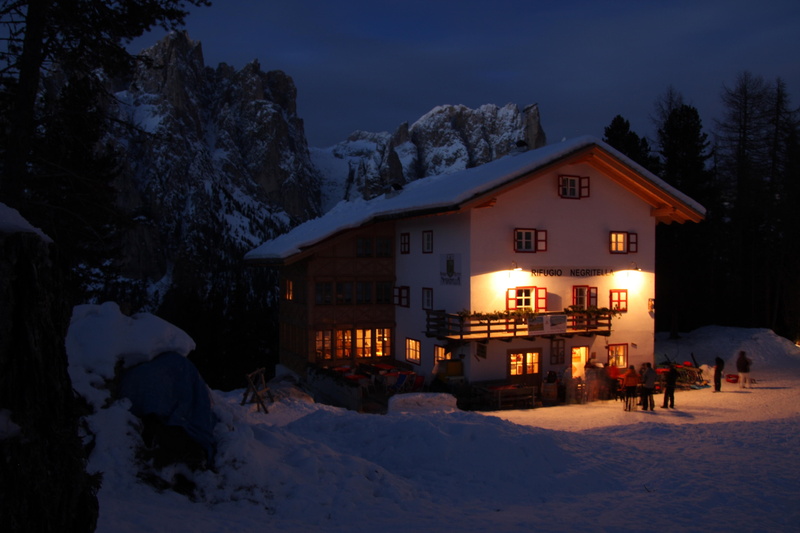 nature, tree, rifugio negritella, home, snowcapped mountain, night, skiing, built structure, mountain, chalet, residential district, architecture, 4K