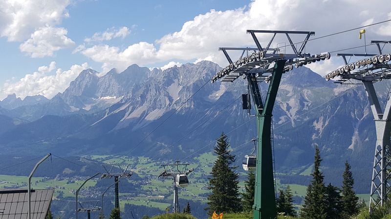 landscape, tree, outdoors, cable car, snowcapped mountain, sky, Planai, cloud - sky, 5K, Dachstein, beauty in nature, mountain, day, plant, mountain peak