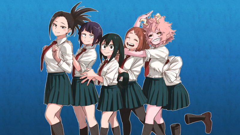 Uniform, Brown Hair, Skirt, blue, friendship, group of people, Ochaco Uraraka, Purple Hair, Mina Ashido, Schoolgirl, emotion, Blush, Girl, My Hero Academia