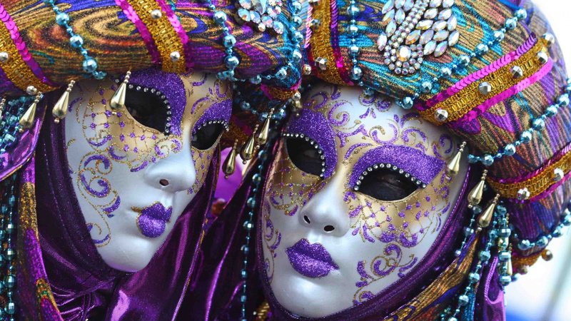 closed, purple, Mardi gras, spring meeting, party, peoples-christian, image, two, masks, 4K, beads, carnival mask, white
