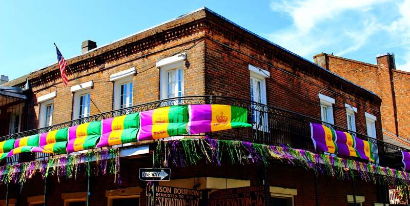 communication, city, burbon street, building, day, 4K, city life, built structure, nature, brick, building exterior, text, sign, mardi gras, multi colored