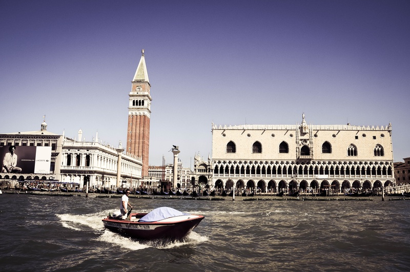 river, historic buildings, old, landscape, travel, tower, building, channel, day, sea, horizon, speedboat, background image, water, venice, monument, old building