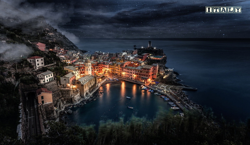 built structure, travel destinations, residential district, Vernazza, dusk, illuminated, lights, architecture, river, 1080P, building, Italy, sky, city