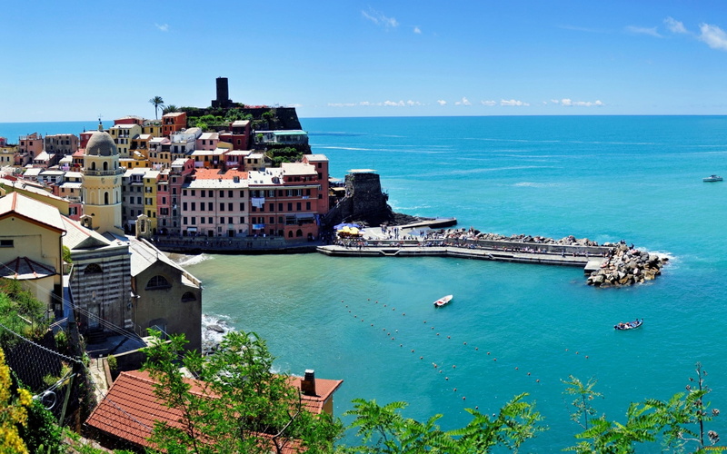 scenics - nature, blue, sea, city, outdoors, day, built structure, building, Vernazza, turquoise colored, sky, landscape, nature, cruise ship, luxury, nautical vessel