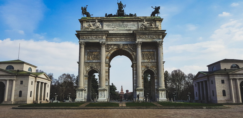 city gate, architecture, milano, 4K, triumphal arch, nature, built structure, art and craft, cloud - sky, italy, sculpture, monument, travel, outdoors