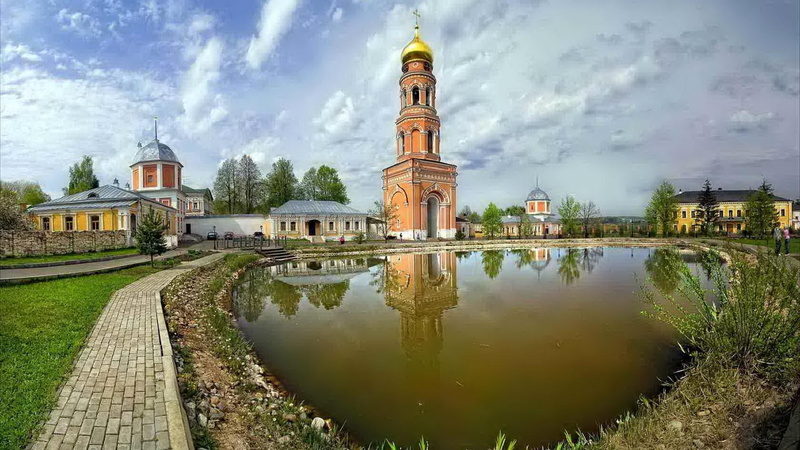 monastery, tower, bell, bell tower, clouds, nature and landscapes, pond, 1080P
