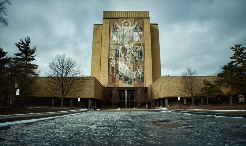 low angle view, architecture, asphalt, dame, united states, convention center, light, library, town, flare, sky, outdoors, theodore m. hesburgh library