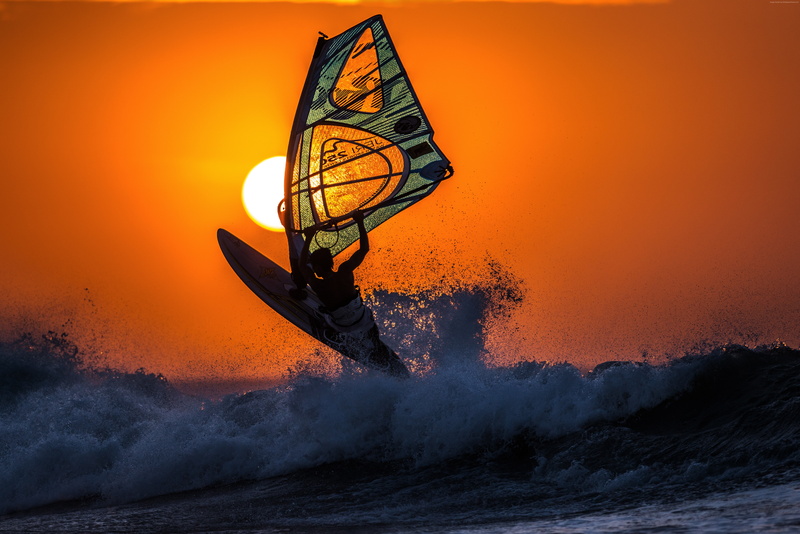 waves, sunset, sky, windsurfing, 5K, sea