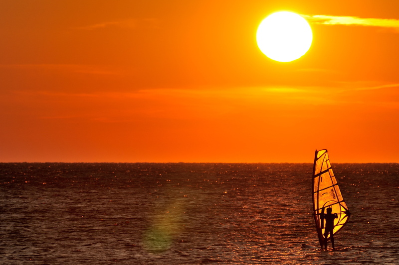 solar, sunset, adventure, extreme sports, horizon, 2K, windsurfer, male, Windsurfing, yellow, sea