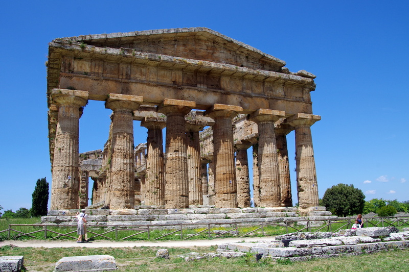 magna grecia, doric style, temple of neptune, ruined, built structure, nature, outdoors, architectural column, blue, travel, plant, day, history, old ruin