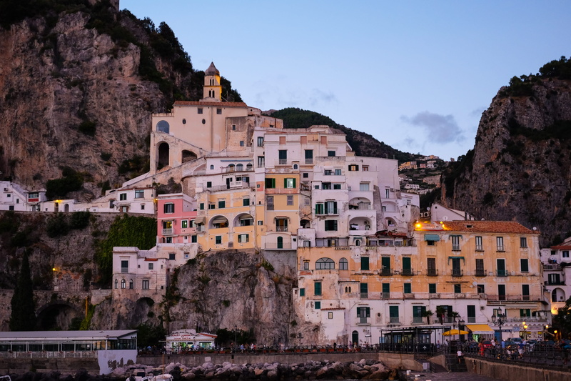 outdoors, nature, water, building, motorcycle, day, built structure, building exterior, amalfi, mountain, residential district, city, brown, travel, positano