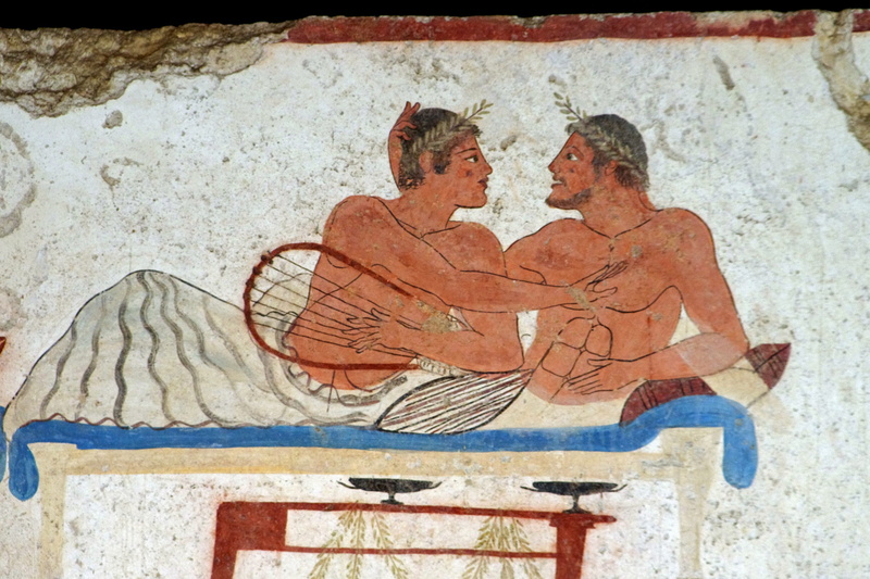 craft, male likeness, salerno, togetherness, two people, representation, fresco, women, paestum archaeological museum, day, magna grecia, adult, men, creativity
