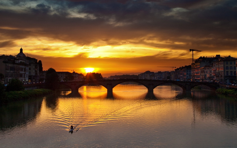 europe, tourism, building, reflection, cloud - sky, urban Skyline, capital Cities, orange color, arno River, sunrise - Dawn, concrete, river, house, old