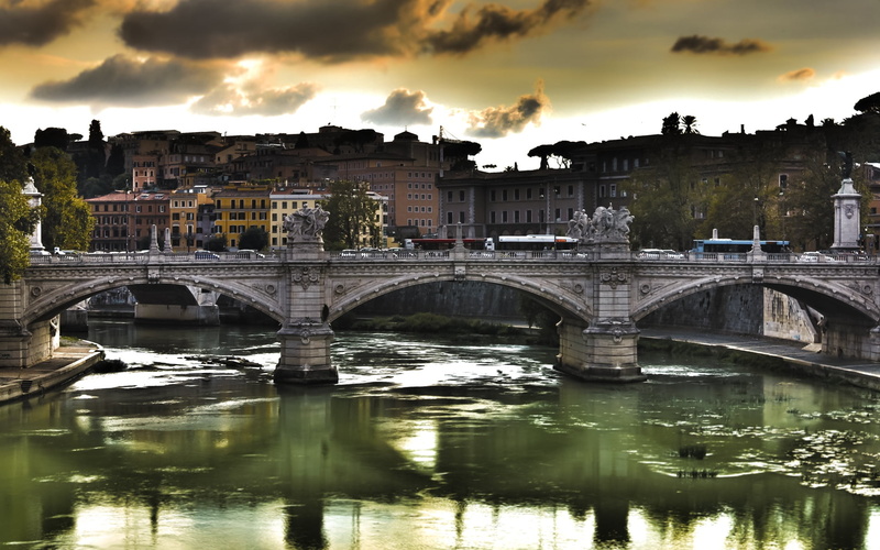 dusk, connection, panoramic, built Structure, sky blue, famous Place, arch, bridge, arch bridge, cityscape, waterfront, tiber River, travel Destinations