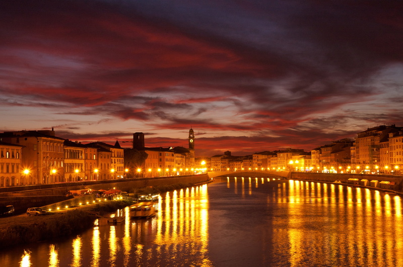 bridge, canal, tourism, illuminated, river, arno River, europe, cloud - sky, reflection, sky, street Light, connection, lights, city, night, venice, 2K