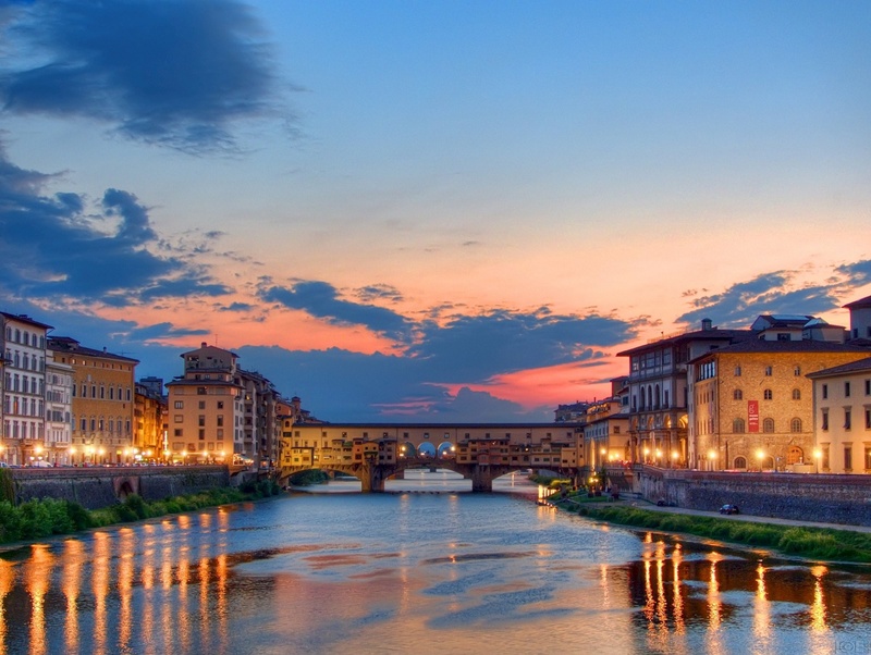 nature, transportation, calm, waterfront, skyline, reflections, cloud - sky, 1080P, water, cityscape, outdoors, reflection, lights, landscape, ponte vecchio