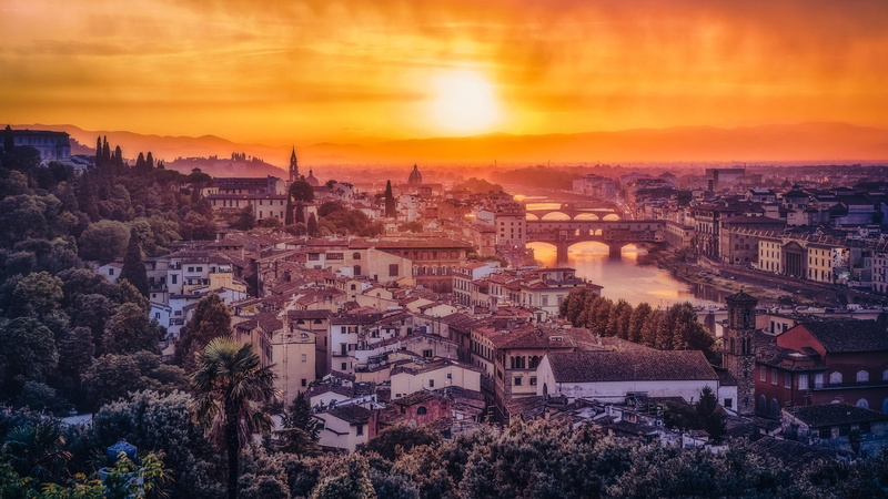 building exterior, italy, outdoors, city, town, architecture, ponte vecchio, tree, arno river, no people, building, plant, orange sky, sunset, townscape