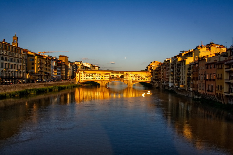 ponte vecchio, bridge - man made structure, sky, clear sky, arch, bridge, reflection, building exterior, firenze, no people, river, florence, sunset, outdoors