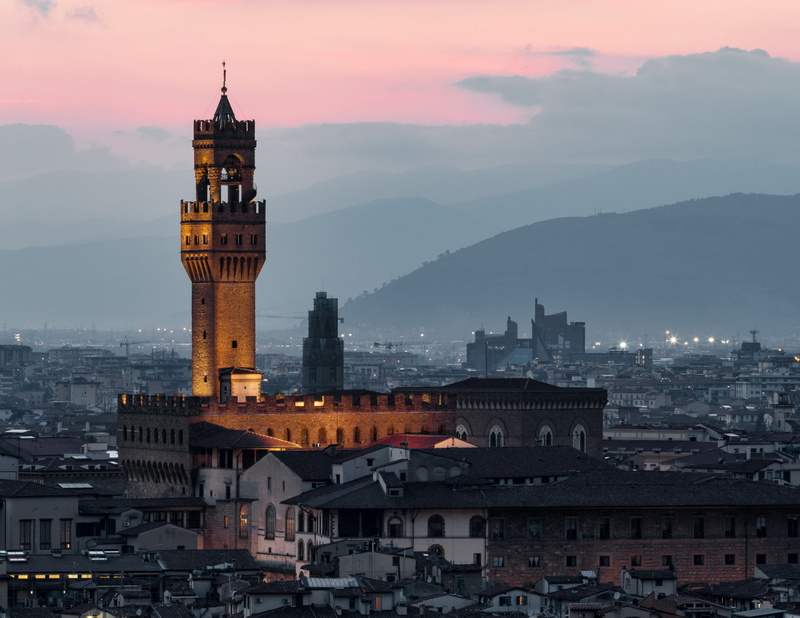 tuscany, travel, building exterior, tall - high, cityscape, palazzo vecchio, architecture, dusk, florence, nature, sunset, tourism, tower, sky, building