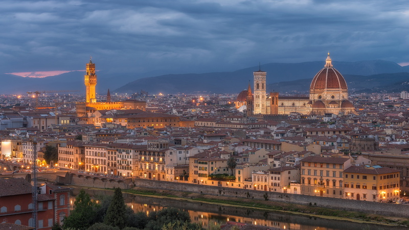 palazzo vecchio, architecture, florence, city, building exterior, evening, nature, travel destinations, cloudy, outdoors, 4K, landmark, florence cathedral