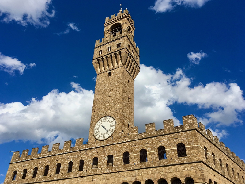 history, tower, 4K, architecture, low angle view, italy vacation, government, palazzo vecchio, travel destinations, clock, the past, built structure, minute hand